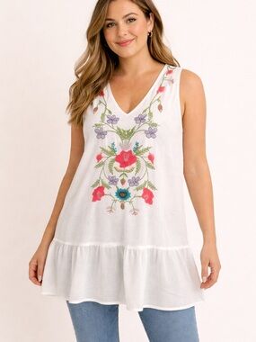 Umgee White Embroidered Floral Sleeveless Tunic Dress Boho Peasant Medium